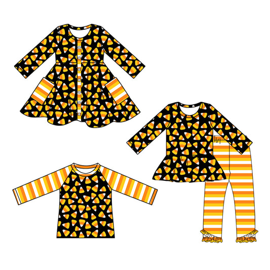 25.8.11 custom each style moq 5eta 4-6week Sibling Sisters halloween baby girl long sleeve pants sets and dress and top match family design