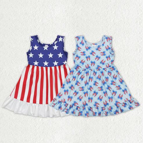 RTS NO MOQ Sibling Baby Girls Sleeveless Ruffle Knee-Length Dress Stars Bows 4th of July Outfit