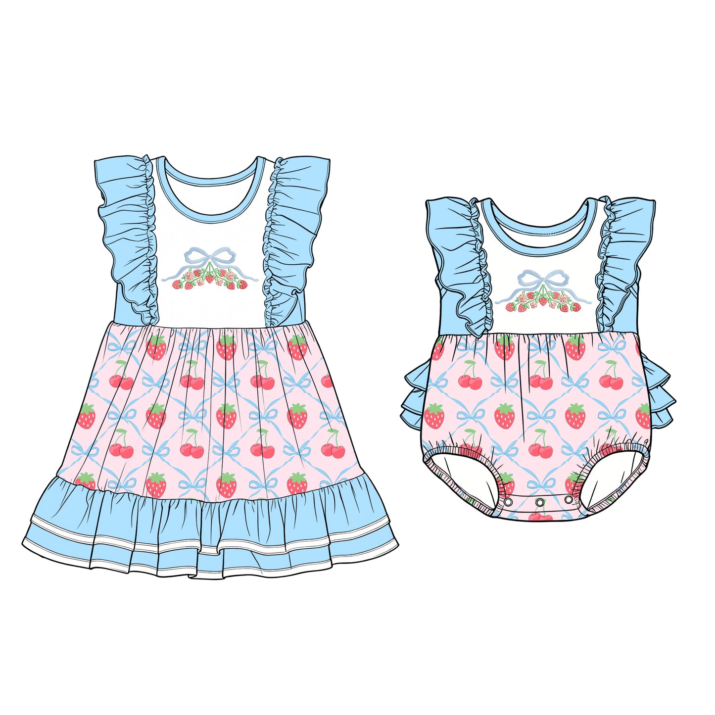 25.12.10 custom each style moq 5 eta 6-8week Sibling Sister strawberry bow baby short sleeve romper and dress match design