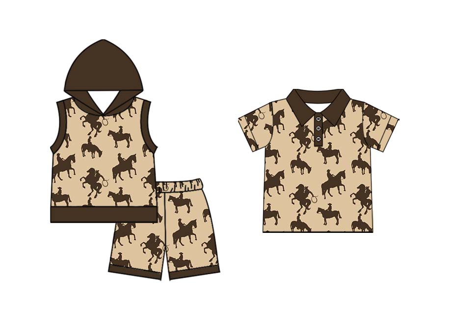 11.19 custom each style moq 5eta 4-6week Sibling Sister riding horse hooded baby boy short sleeve shorts sets aand top match design
