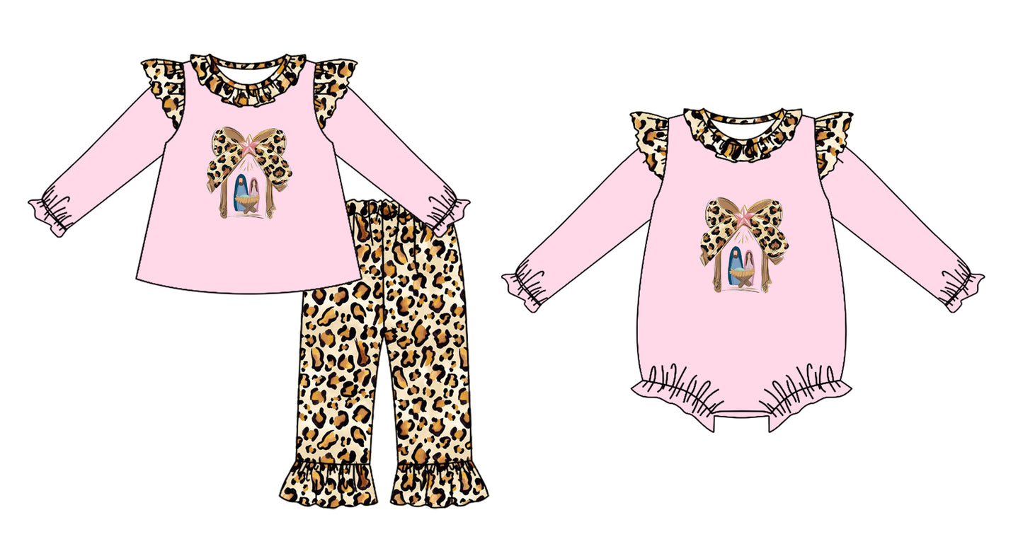 25.6.5 custom each style moq 5eta 4-6week Sibling Sisters bow leopard baby girl long sleeve pants sets and rompers match family design