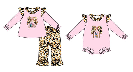 25.6.5 custom each style moq 5eta 4-6week Sibling Sisters bow leopard baby girl long sleeve pants sets and rompers match family design