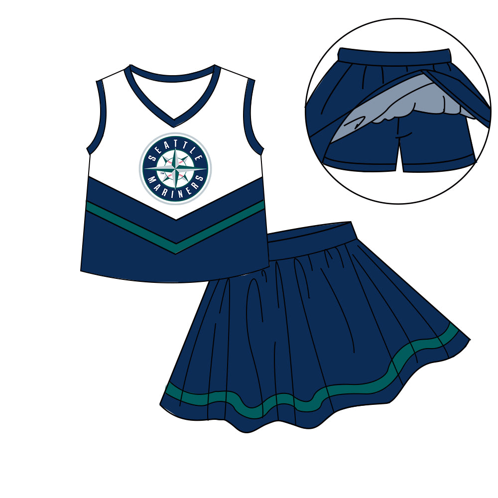Custom moq 5 mix size milk silk eta 6-8weeks summer teams naby blue baby girls clothes team sleeveless skirts shorts sets-25.7.8