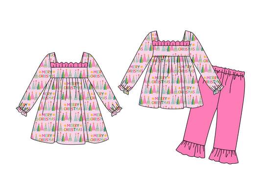 25.5.26 custom each style moq 5eta 4-6week Sibling Sisters Christmas trees baby girl long sleeve pants sets and dress match family design