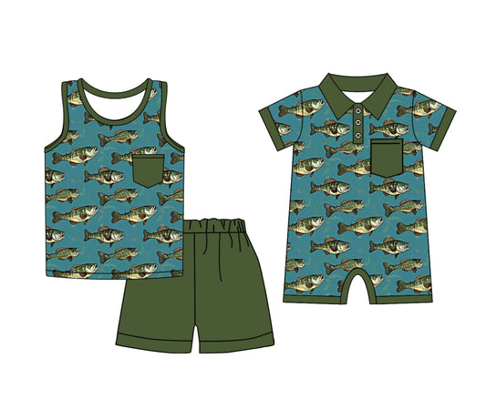 Custom moq 5 mix size Sibling Green sleeveless top and shorts set  romper for baby boys