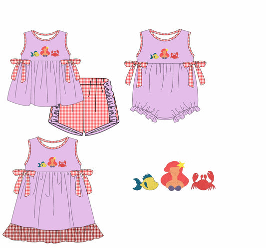 3.25 custom each style moq 5eta 4-6week Sibling Sisters crab baby girl short sleeve shorts sets and dress and rompers match family design