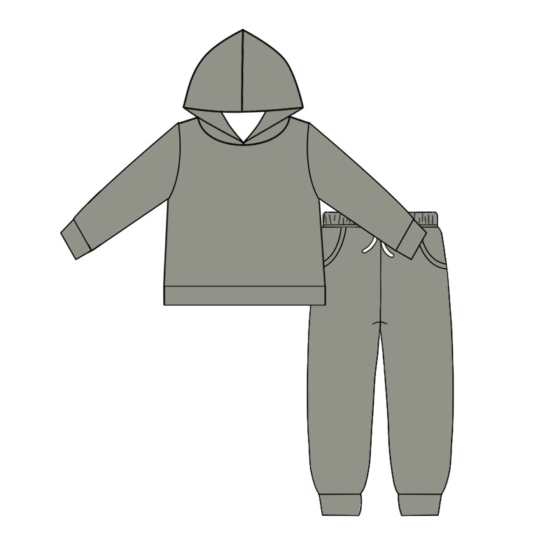 Custom moq 5 Boys blank cotton fabric hoodie joggies Grey-green hooded top and trousers set