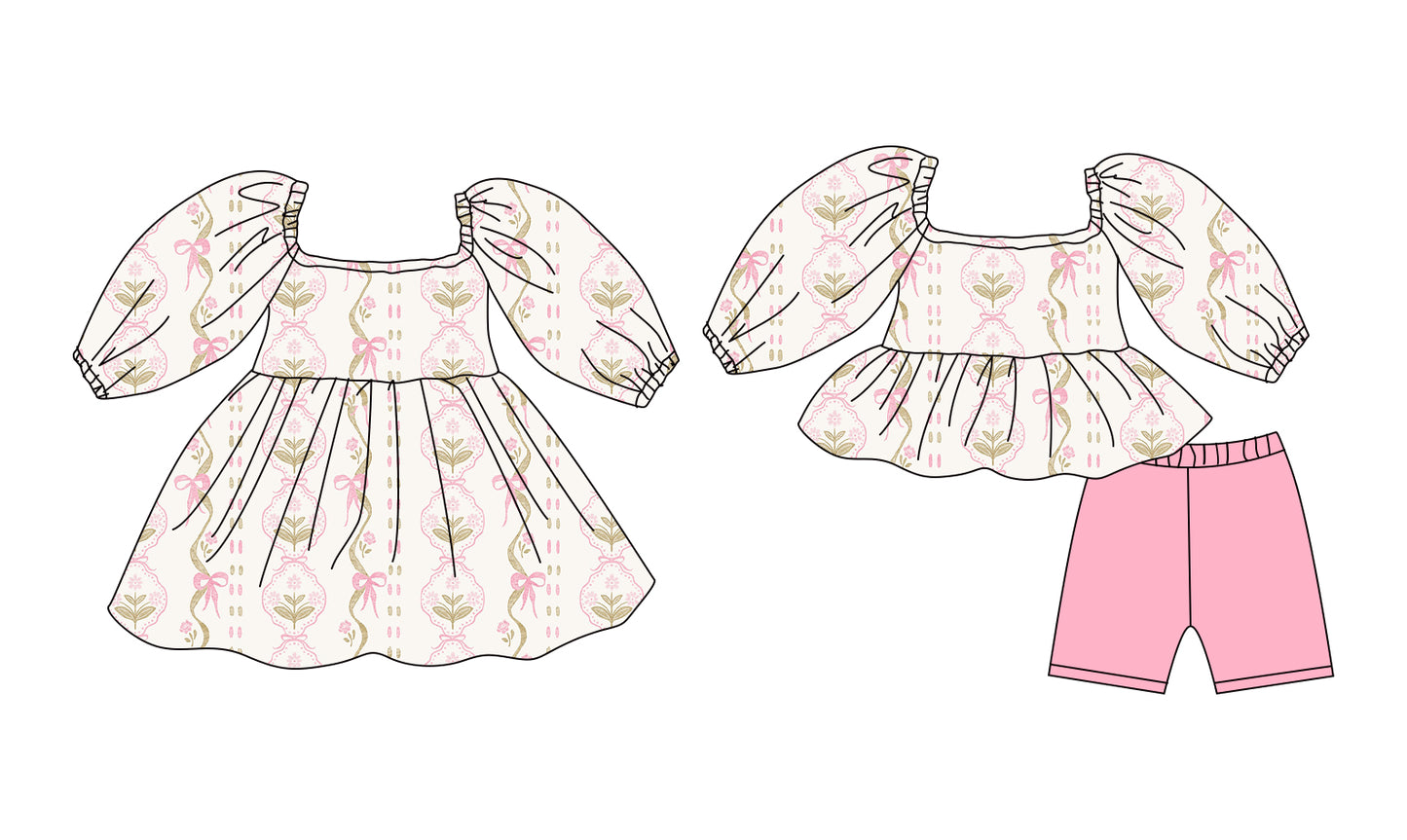 25.12.9 custom each style moq 5 eta 6-8week Sibling Siste floral bow baby short sleeve shorts sets and dress match design