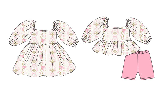 25.12.9 custom each style moq 5 eta 6-8week Sibling Siste floral bow baby short sleeve shorts sets and dress match design
