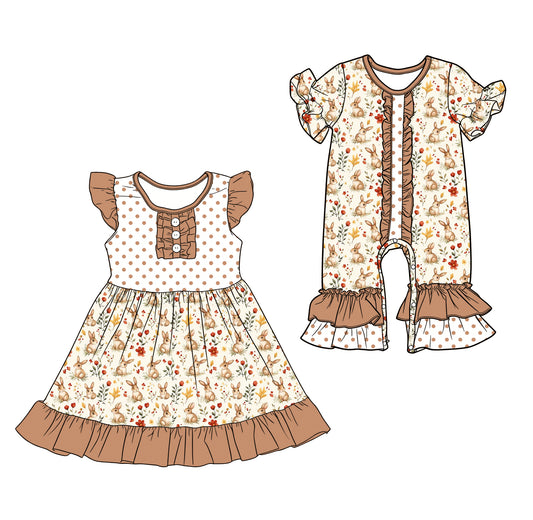 25.12.19 custom each style moq 5 eta 6-8week Sibling Sister bunny floral baby short sleeve romper and dress match design