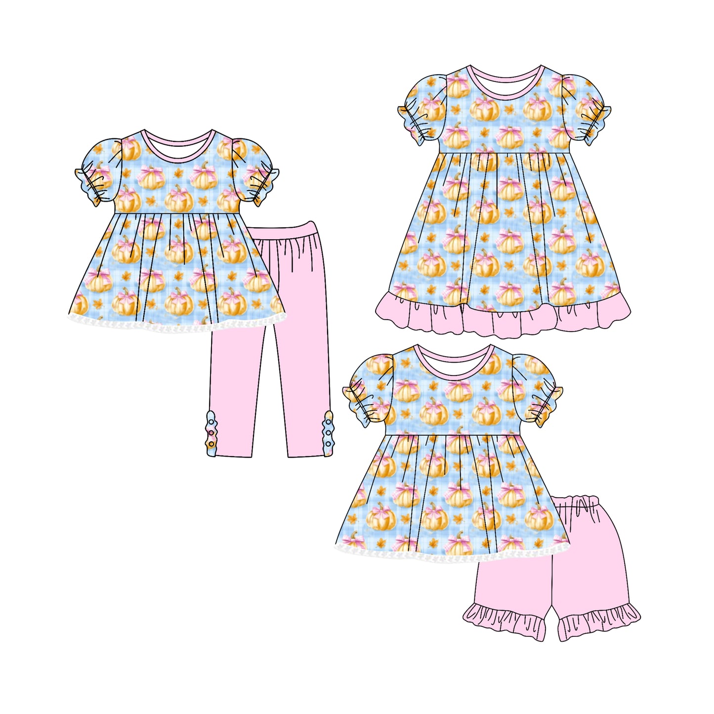 4.26 custom each style moq 5eta 4-6week Sibling Sisters pumpkin bow baby girl short sleeve shorts sets and pants sets and dress match family design