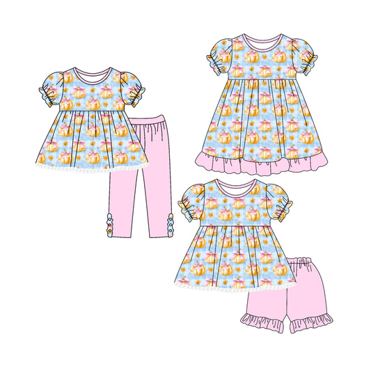 4.26 custom each style moq 5eta 4-6week Sibling Sisters pumpkin bow baby girl short sleeve shorts sets and pants sets and dress match family design