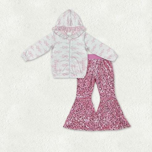 RTS NO MOQ Sibling Baby Girls Sequin Denim Bell Bottom Pant And Bows Zipper Hoodie Jacket 2-Piece Outfit Set