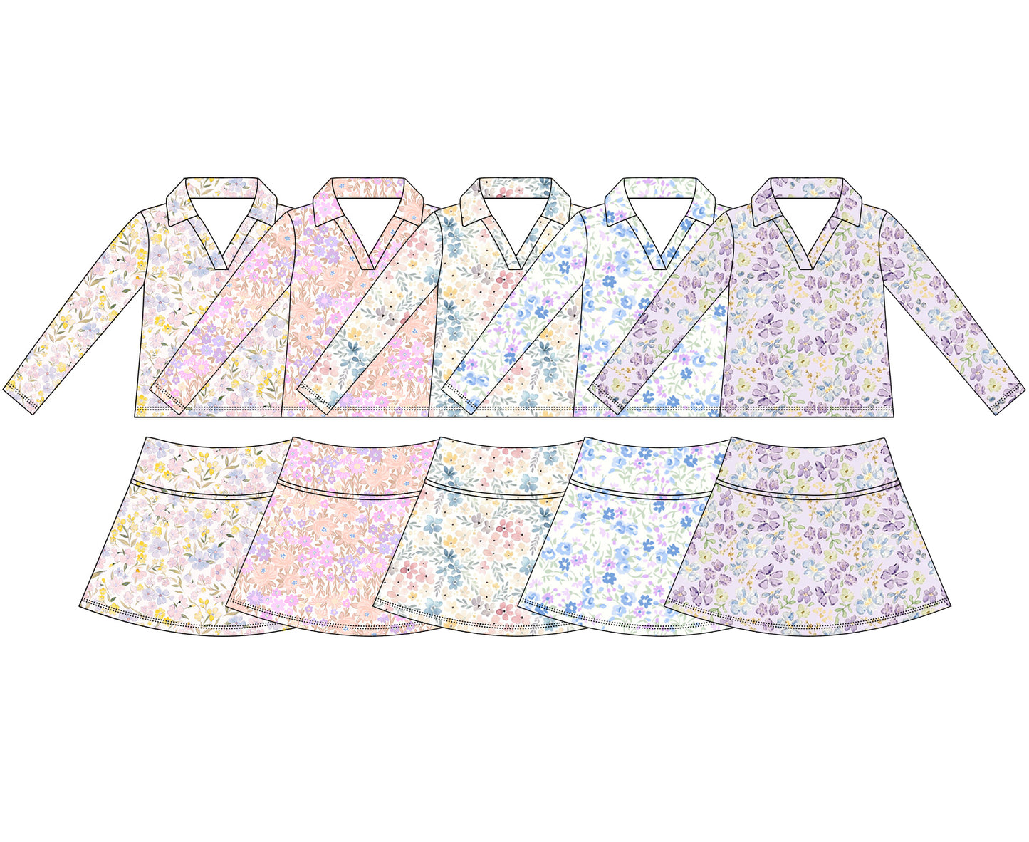 4.15 Custom moq 5 mix size Sibling Baby Girls Colorful Flowers Long-Sleeved Top Short Skirt Set