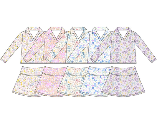 4.15 Custom moq 5 mix size Sibling Baby Girls Colorful Flowers Long-Sleeved Top Short Skirt Set