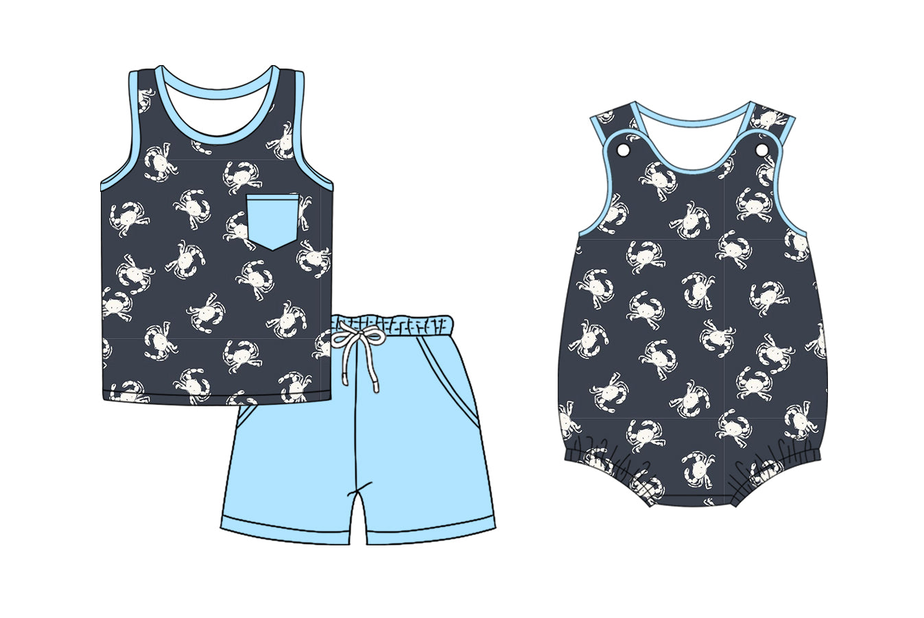 3.12 custom each style moq 5eta 4-6week Sibling Sister crab baby girl short sleeve shorts sets and romper match design