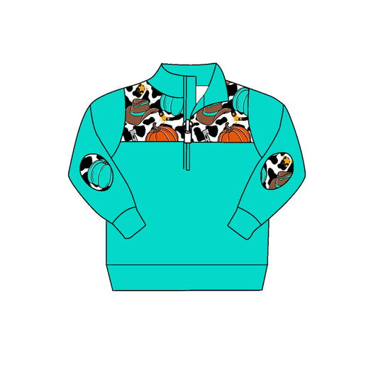 7.29 custom each style moq 5 eta 4-6week baby girls clothes pumpkin cow pattern blue and green long sleeve top