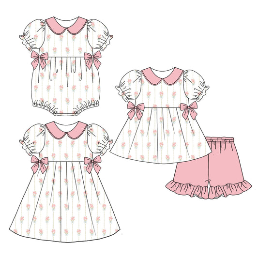 3.31 Custom moq 5 mix size Sibling Baby Girl's White Flowers Short Sleeve Tunic Ruffle Shorts Set Cute Romper Dress for Summer