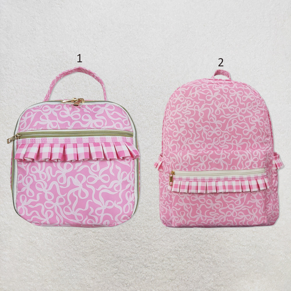 RTS NO MOQ Sibling milk silk Baby Kids Pink Bows Plaid Ruffle Backpacks Bags Boxes