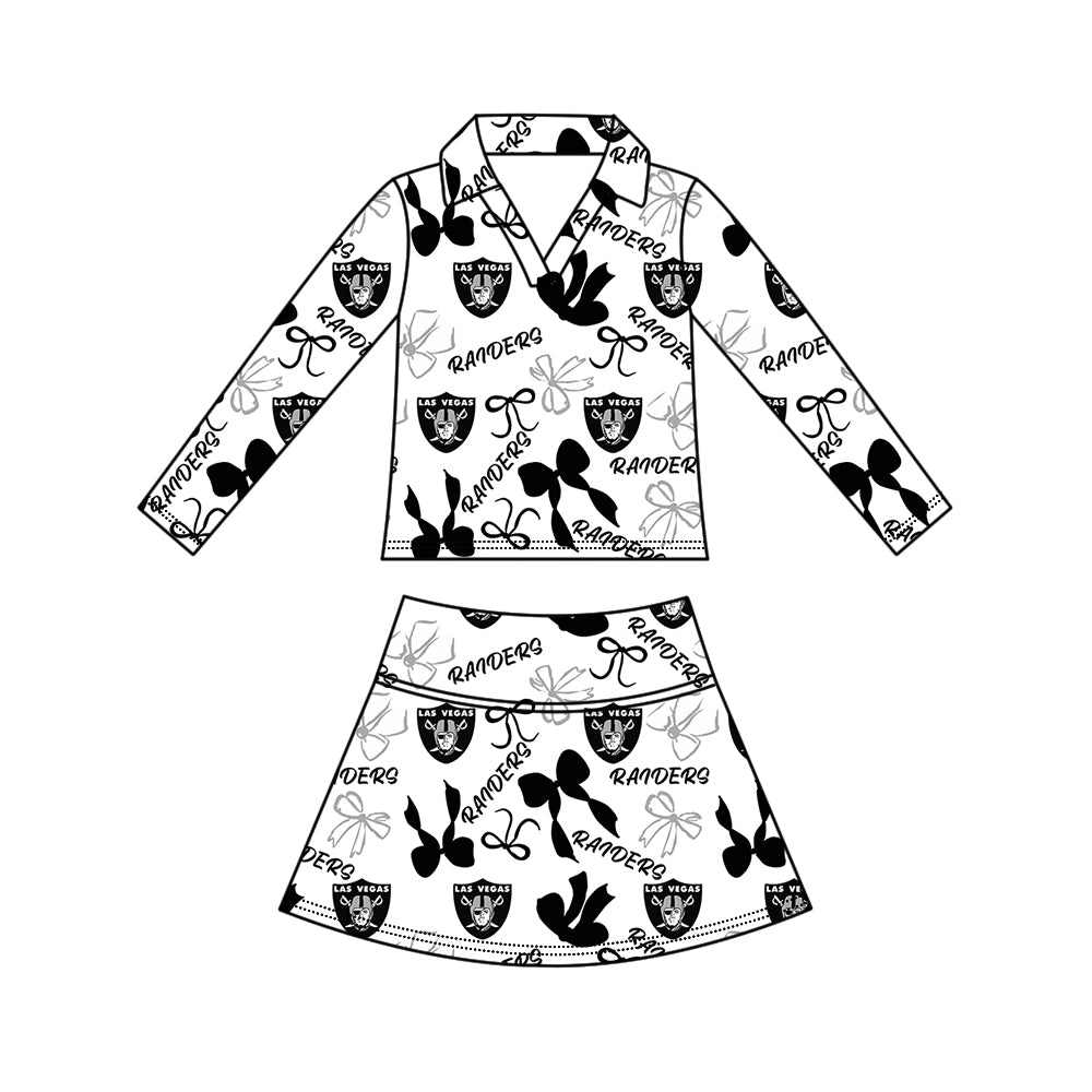 Custom moq 5 mix size summer teams Girls Black Polka Dot Top Shorts Set Bows Print Top Skirt Set Zipper Pullover Pants Set