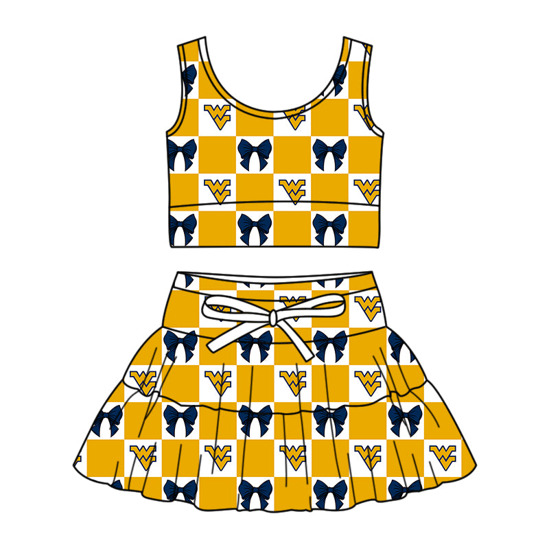 Custom moq 3 or 5 mix size milk silk summer teams baby girl clothes bow yellow sleeveless skirts sets 3 and dresss and shorts-26.1.26