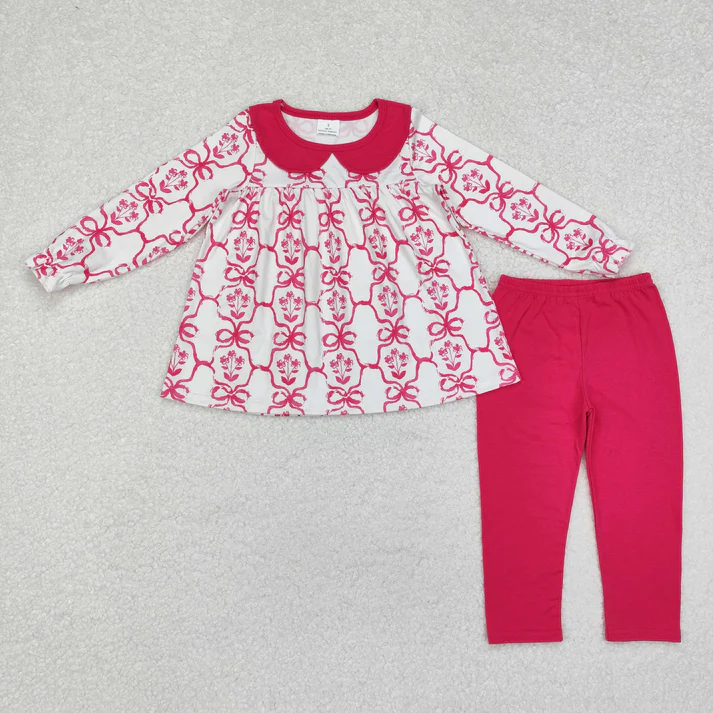 RTS NO MOQ Sibling baby girl clothes floral bow long sleeve pants Sets