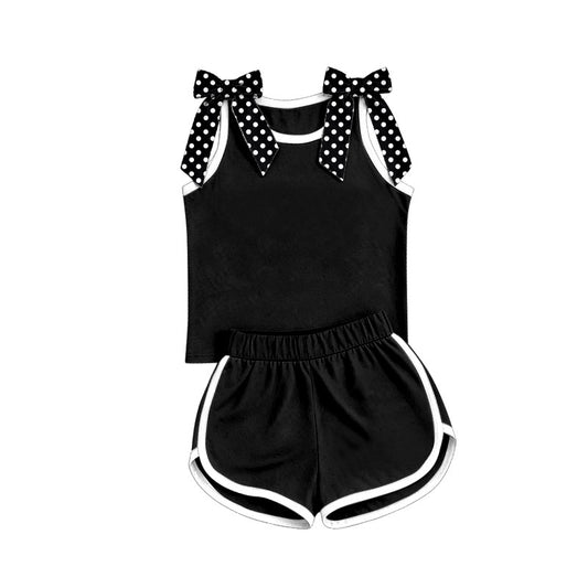 custom moq 5 mix size Baby Girls Polka Dots Bow Sleeveless Black Top Shorts Summer Solid Color Set