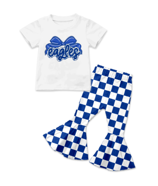 Custom summer teams baby girl clothes team bow blue plaid short sleeve pants sets-25.8.13