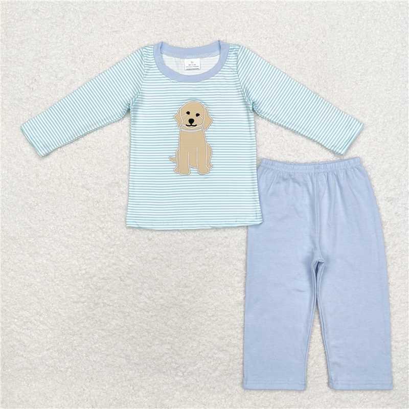 RTS NO MOQ（In Stock) Baby Boys embroidery puppy Pocket Top Pants Outfits Sets
