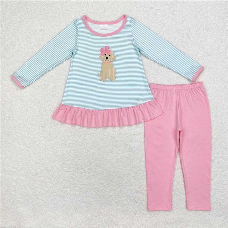 RTS NO MOQ（In Stock) Baby girl Toddler embroidery puppy Shirts plaid Pants Clothes Sets