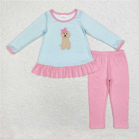 RTS NO MOQ（In Stock) Baby girl Toddler embroidery puppy Shirts plaid Pants Clothes Sets