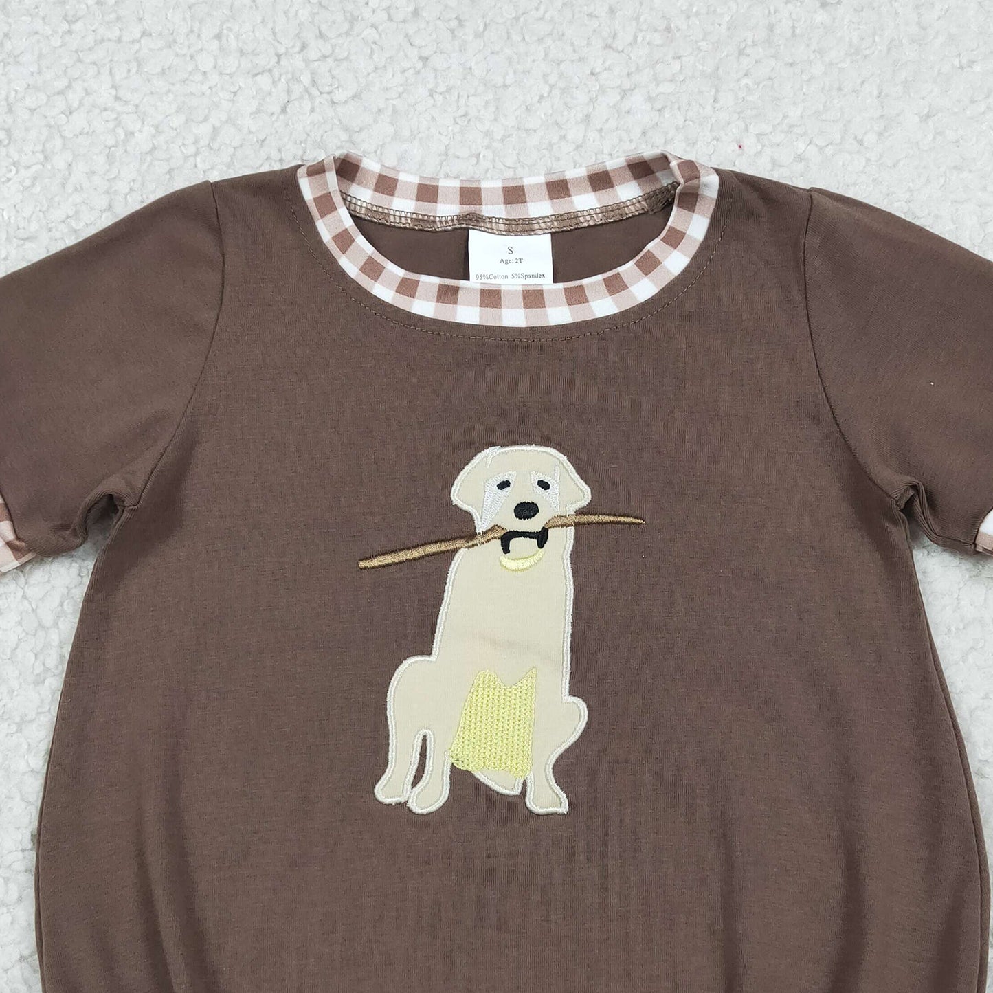 RTS NO MOQ milk silk SR3470 Baby Boys Embroidery Dogs Leaves Brown Short Sleeve Hunting Rompers