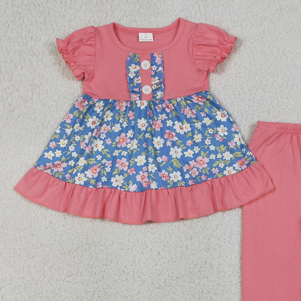 RTS NO MOQ GSPO1814 Baby Girls Colorful Flowers Button Tunic Top with Ruffle Pants Clothing Set