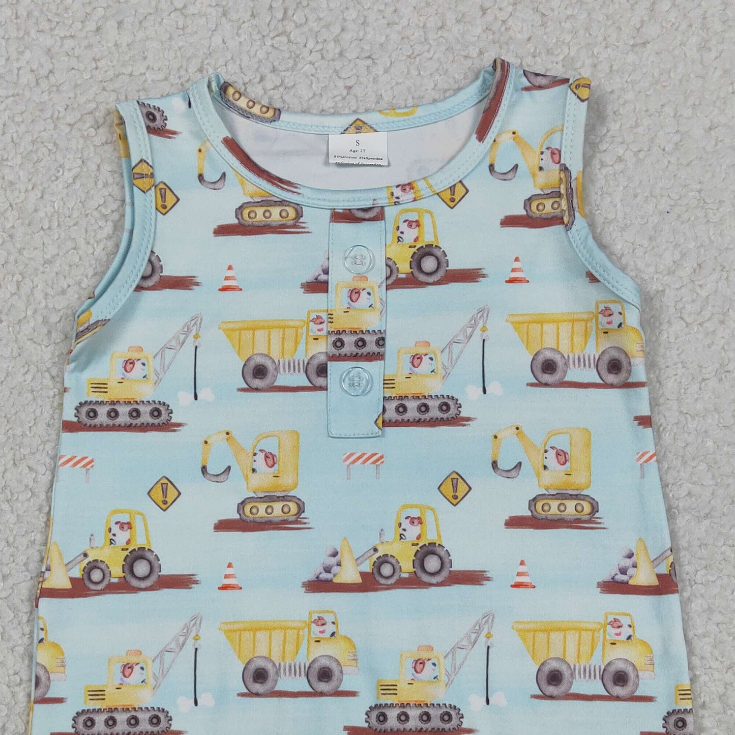 RTS NO MOQ SR3085 milk silk  Baby Boys Cute Excavators Sleeveless Button Rompers