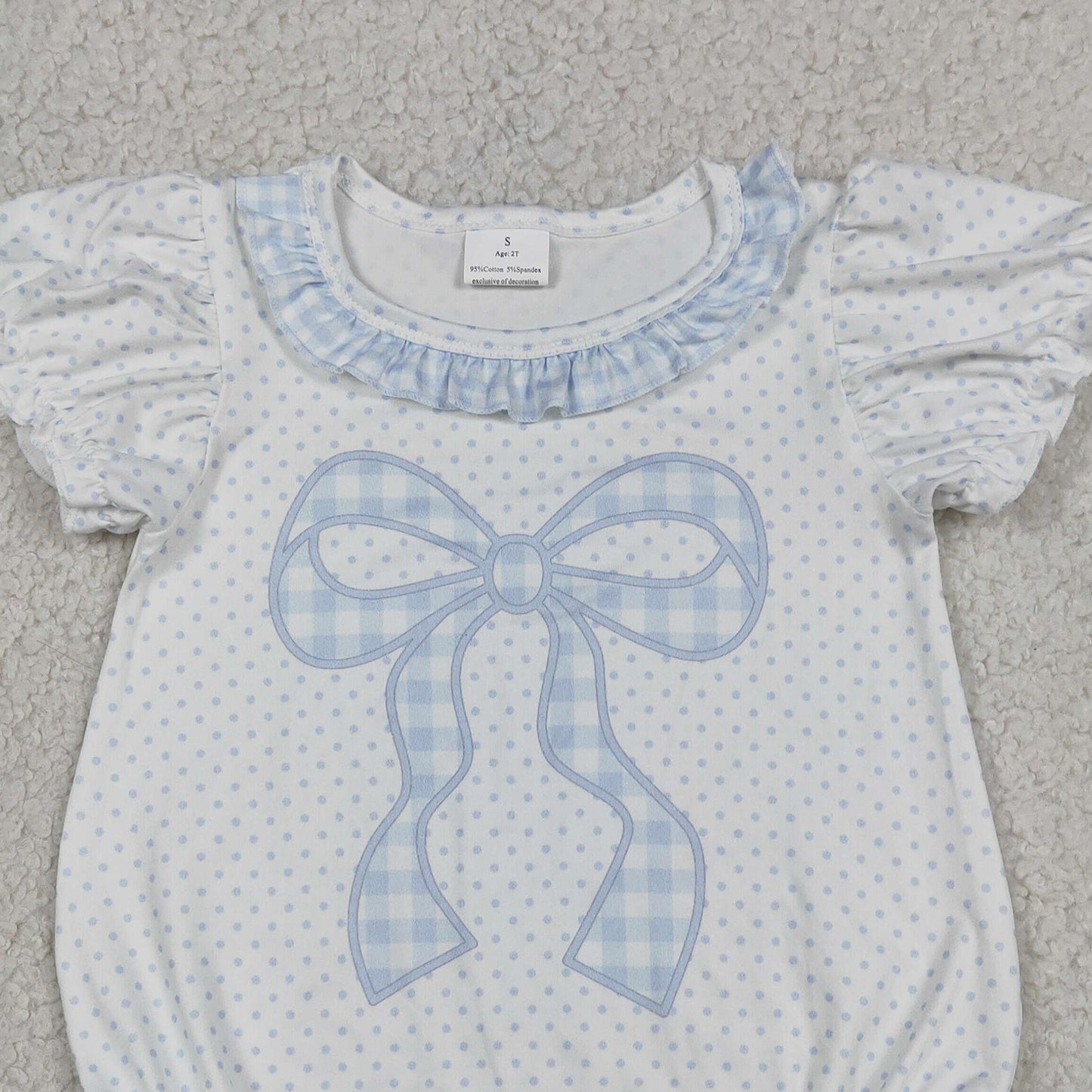 RTS NO MOQ milk silk SR4089 Baby Girls Blue Polka Dot Bow Ruffle Short Sleeve Romper