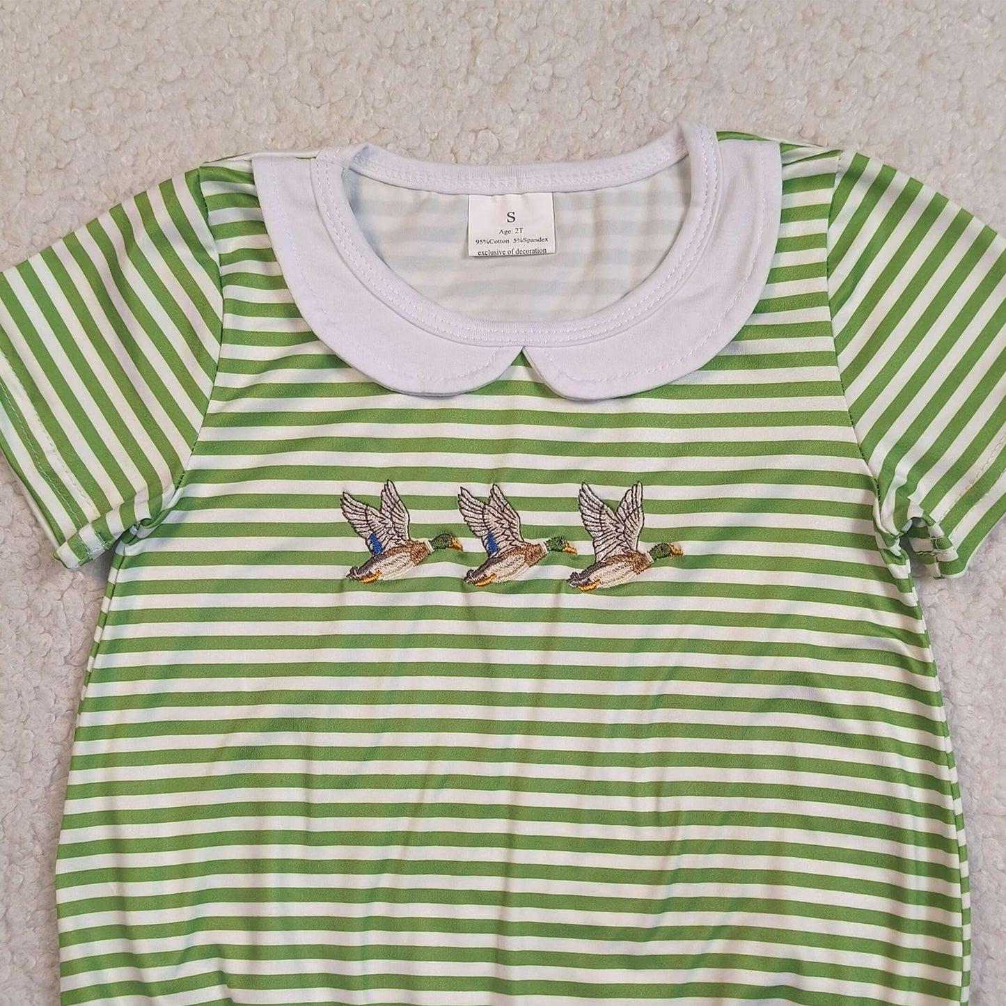 RTS NO MOQ SR4083 Toddler Boys Hunting Collar Rompers Green Stripe With Duck Embroidery