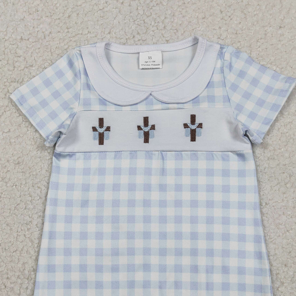 RTS NO MOQ SR3758 Baby Boys Blue Checked Rompers with Easter Collar Embroidery Crosses for Infants