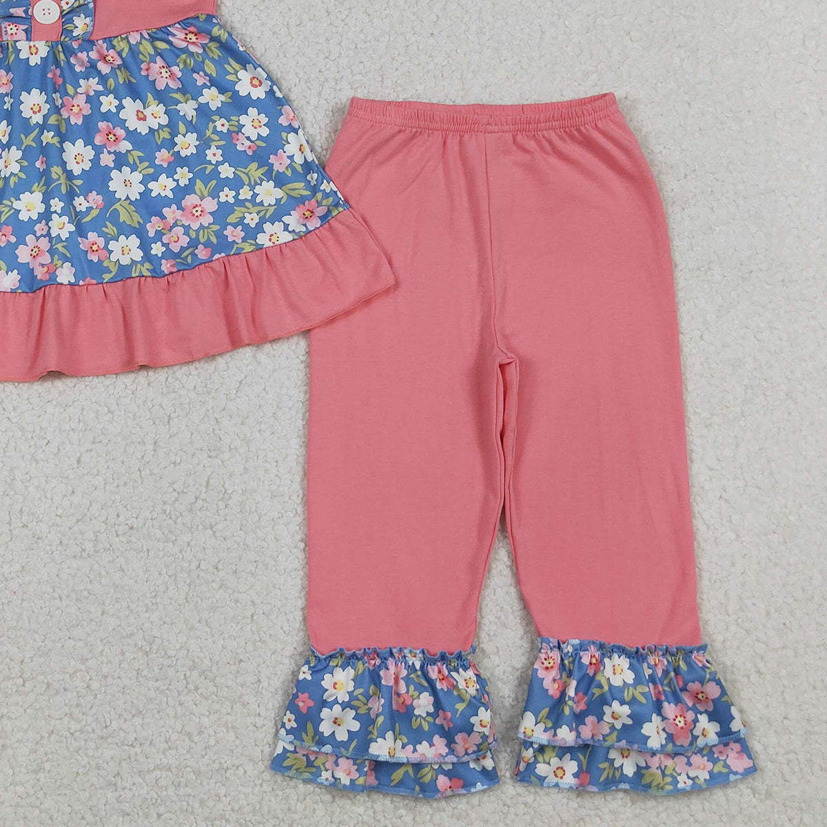 RTS NO MOQ GSPO1814 Baby Girls Colorful Flowers Button Tunic Top with Ruffle Pants Clothing Set