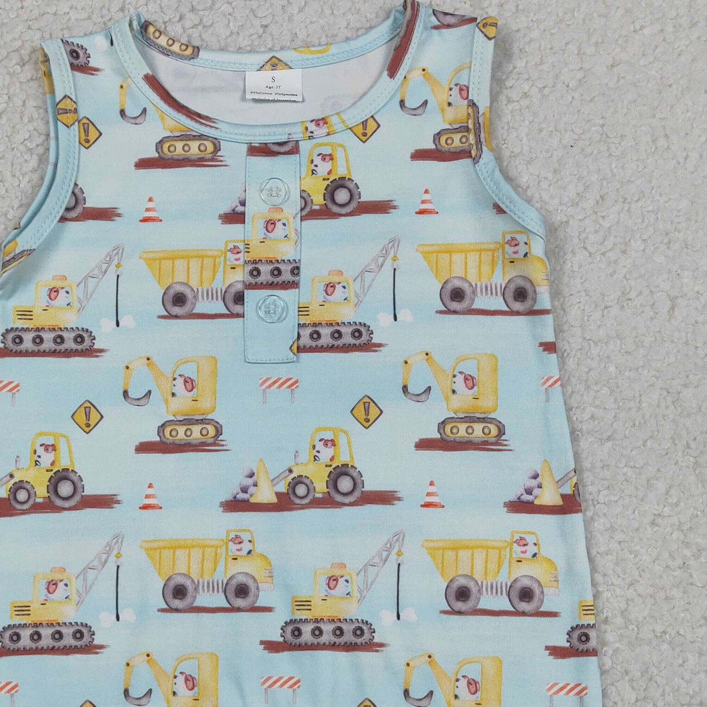 RTS NO MOQ SR3085 milk silk  Baby Boys Cute Excavators Sleeveless Button Rompers