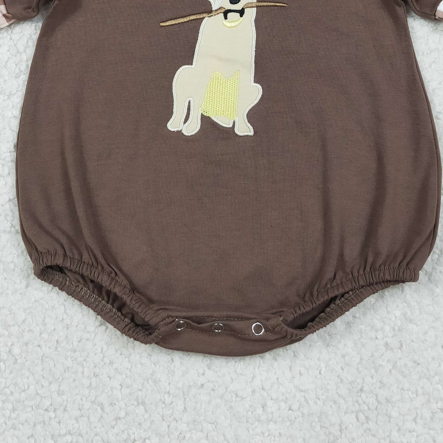 RTS NO MOQ milk silk SR3470 Baby Boys Embroidery Dogs Leaves Brown Short Sleeve Hunting Rompers