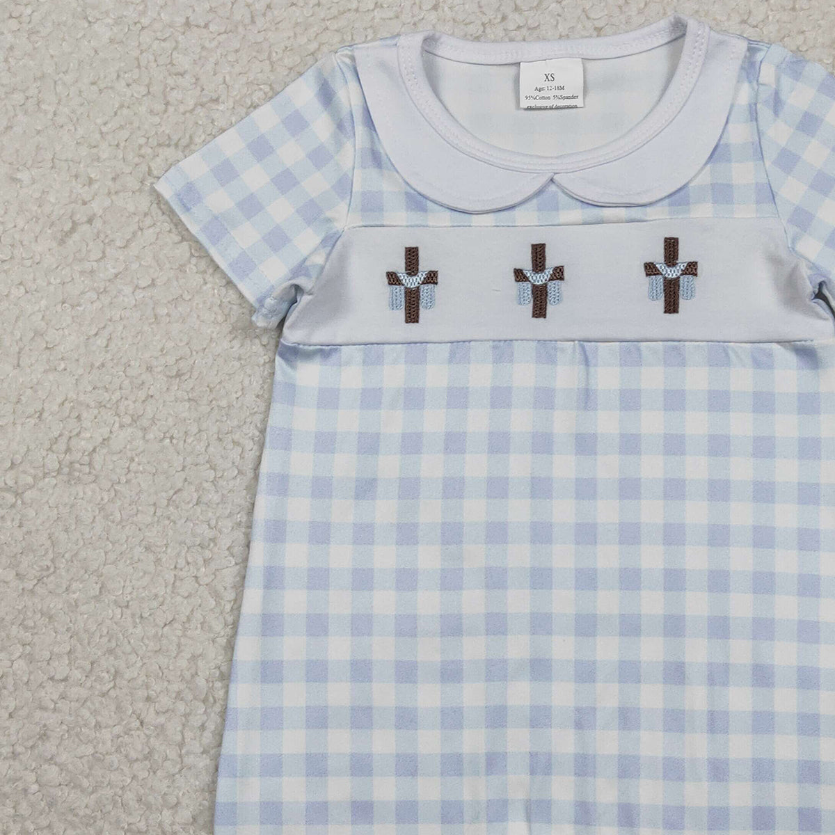 RTS NO MOQ SR3758 Baby Boys Blue Checked Rompers with Easter Collar Embroidery Crosses for Infants