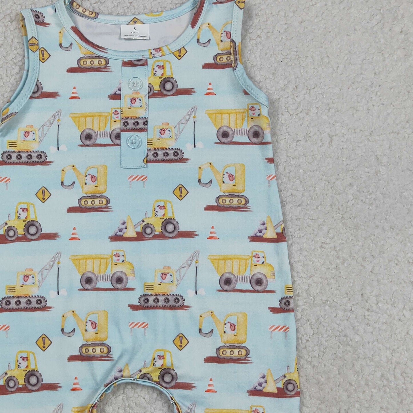 RTS NO MOQ SR3085 milk silk  Baby Boys Cute Excavators Sleeveless Button Rompers
