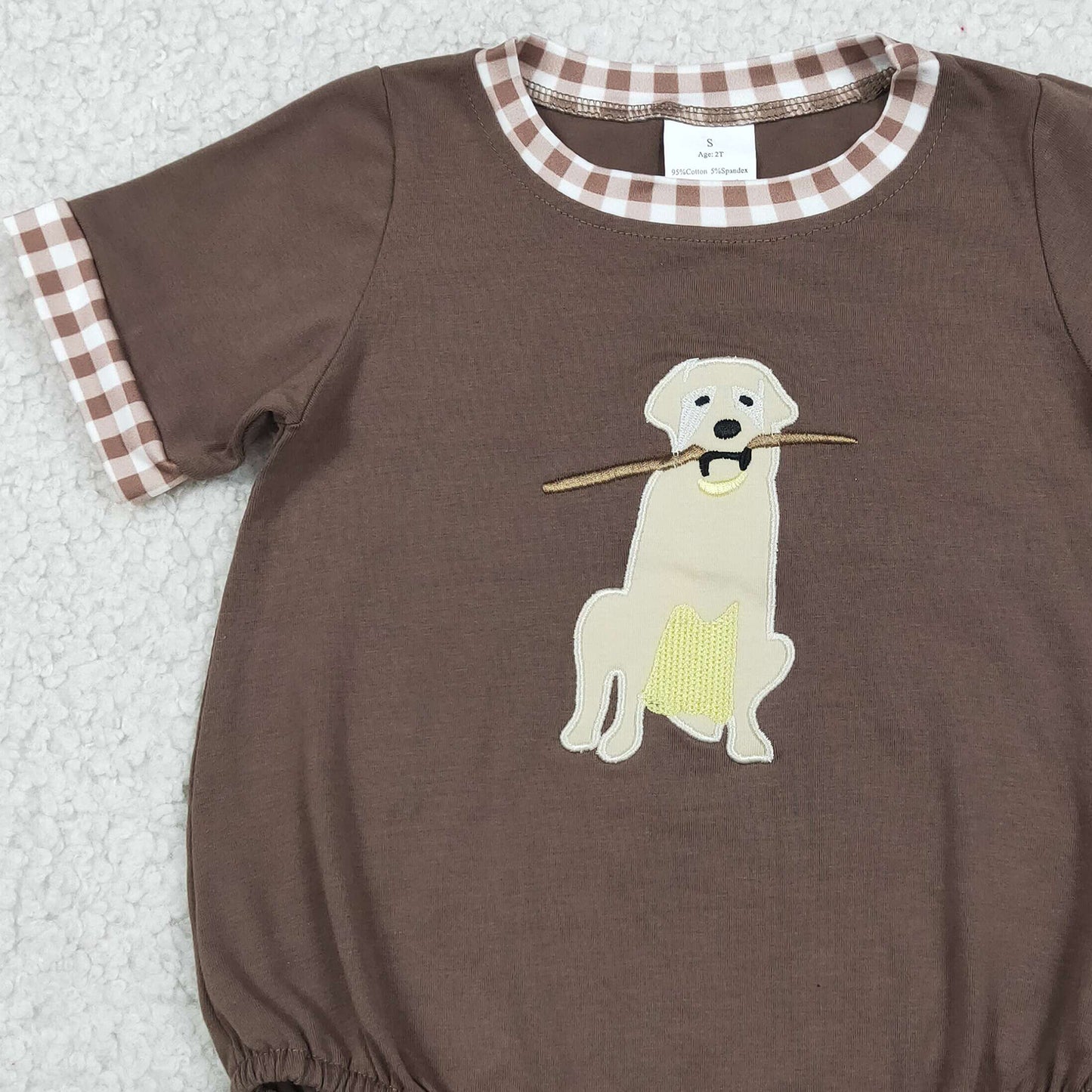 RTS NO MOQ milk silk SR3470 Baby Boys Embroidery Dogs Leaves Brown Short Sleeve Hunting Rompers