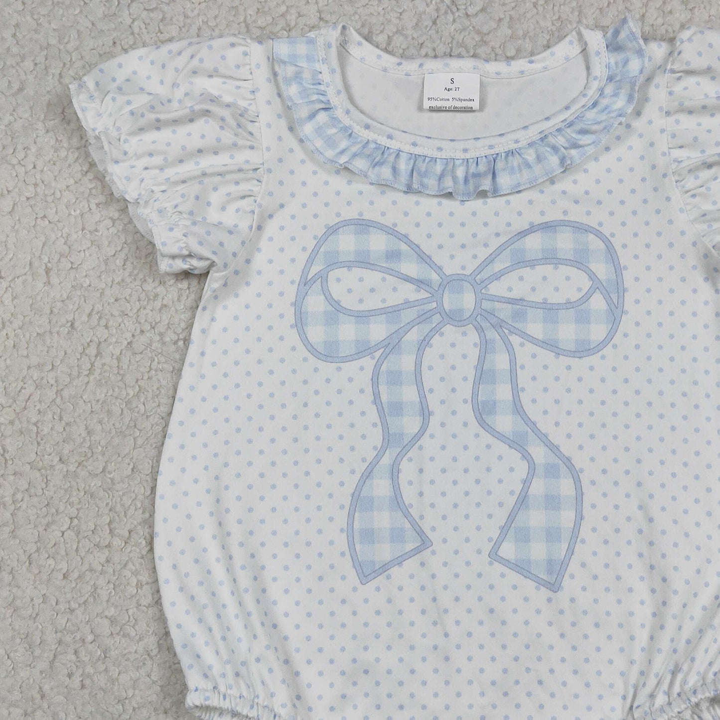 RTS NO MOQ milk silk SR4089 Baby Girls Blue Polka Dots Ruffle Edge Bow Short Sleeve Rompers