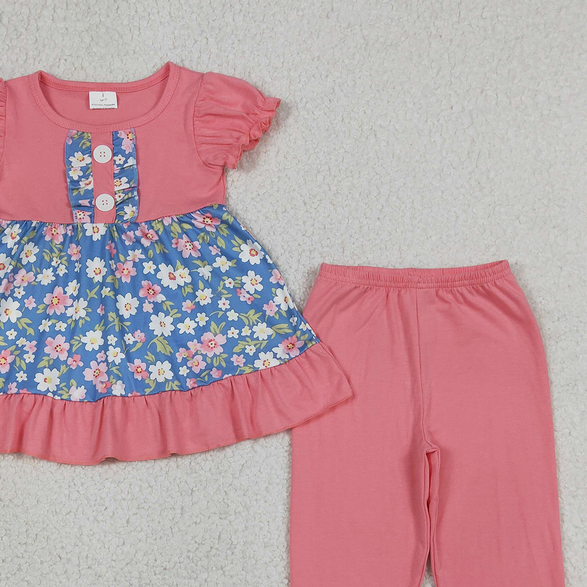 RTS NO MOQ GSPO1814 Baby Girls Colorful Flowers Button Tunic Top with Ruffle Pants Clothing Set