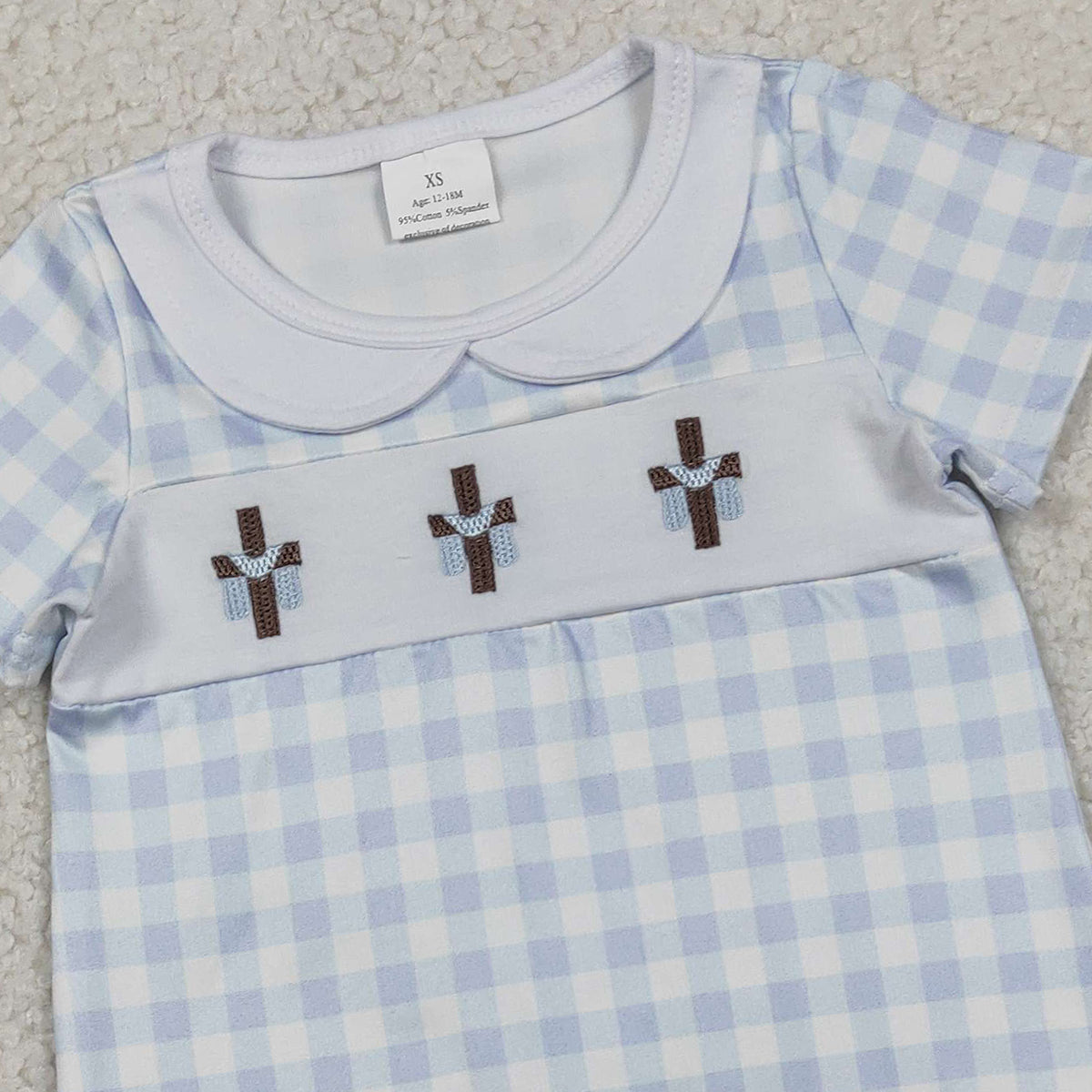 RTS NO MOQ SR3758 Baby Boys Blue Checked Rompers with Easter Collar Embroidery Crosses for Infants
