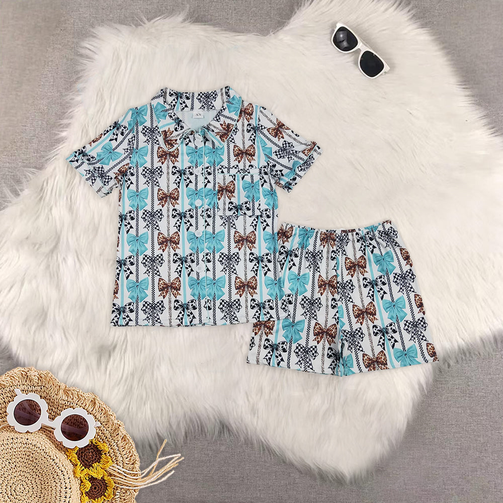 RTS NO MOQ Adult Girls bow Short Sleeve Shorts Pajama Set & kids shorts sets=