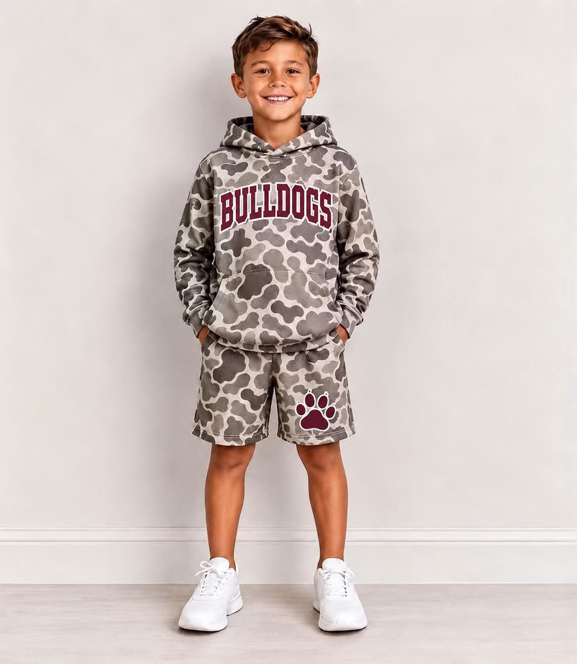 custom moq 5 mix size RLES0102 Kids Duck Camo Letter Print Hoodie And Casual Shorts Outfit