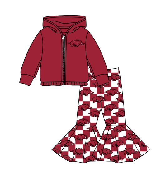 Custom moq 5 mix size milk silk summer teams baby girl clothes dark red hooded long sleeve pants sets-25.11.3