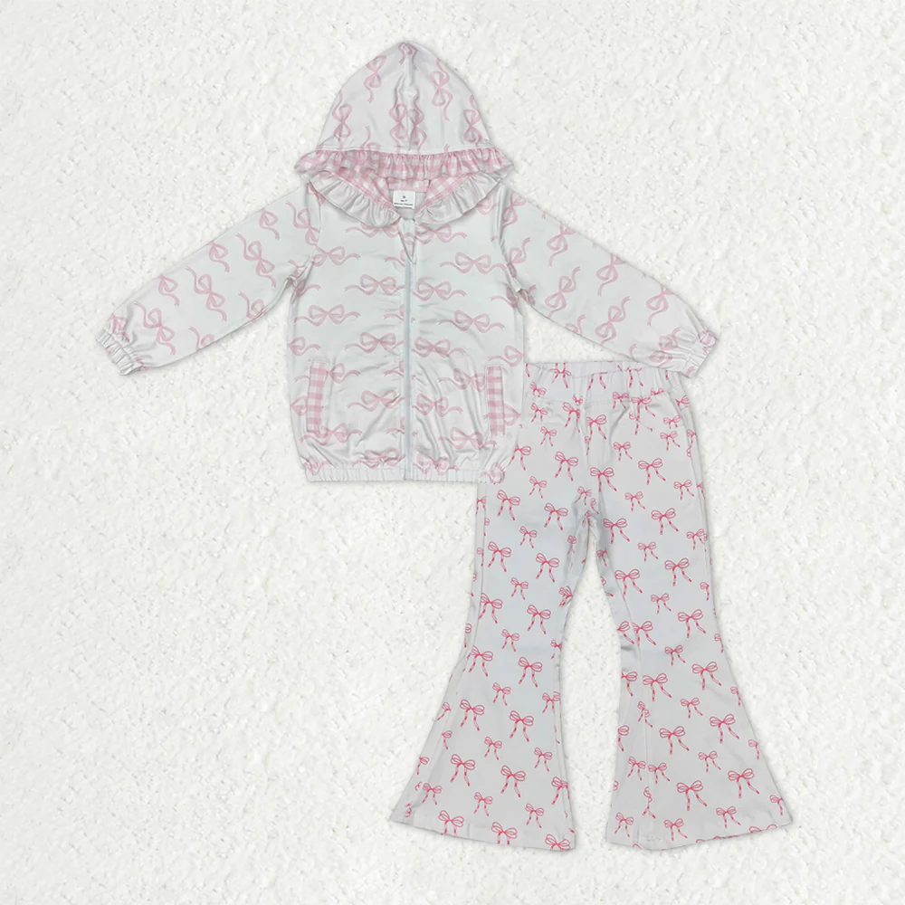 RTS NO MOQ Sibling baby girl clothes Pink and white plaid zip-up hooded long-sleeved top with bow pattern double lace ripped denim trousers sets